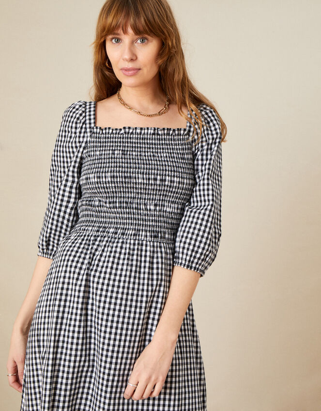 Smocked Check Dress, Black (BLACK), large