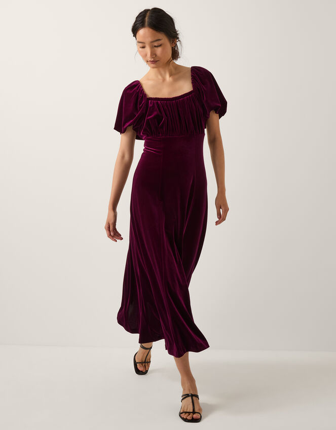 Cynthia Puff Sleeve Velvet Midi Dress, Red (BURGUNDY), large