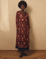 East Zena Hand-Batik Midi Wrap Dress, Brown (BROWN), large