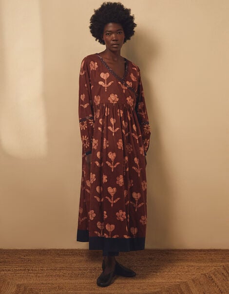 East Zena Hand-Batik Midi Wrap Dress, Brown (BROWN), large