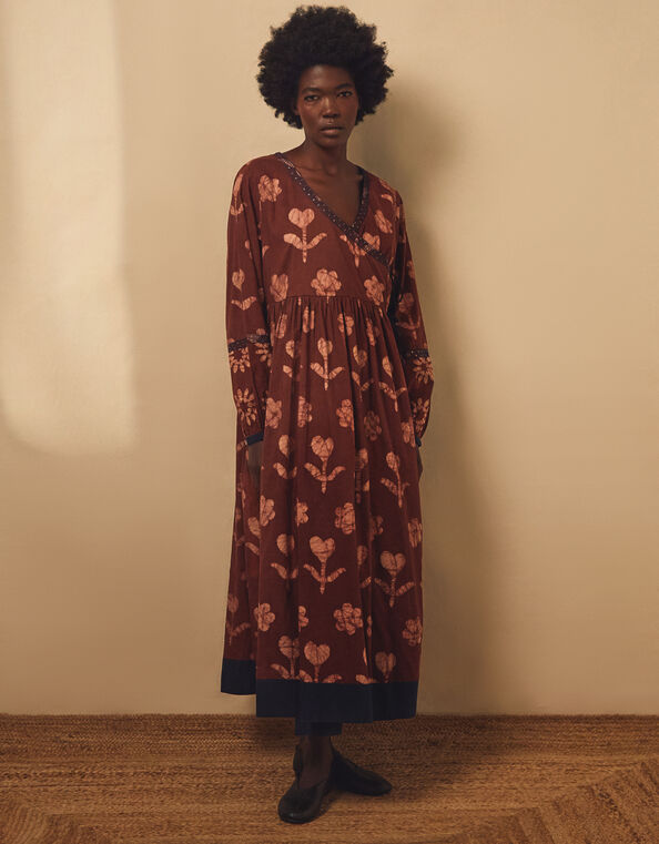 East Zena Hand-Batik Midi Wrap Dress, Brown (BROWN), large