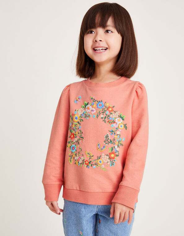 Floral Wreath Embroidered Sweatshirt, Orange (CORAL), large