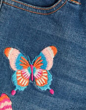 Butterfly Embroidered Denim Shorts, Blue (BLUE), large