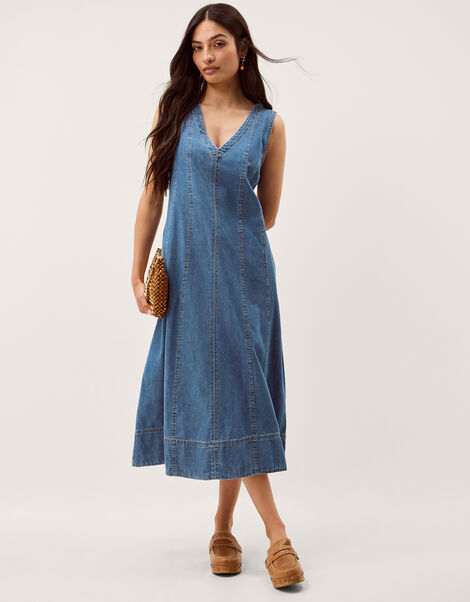 Tessa Sleeveless Denim Midi Dress, Blue (MID AUTHENTIC BLUE), large