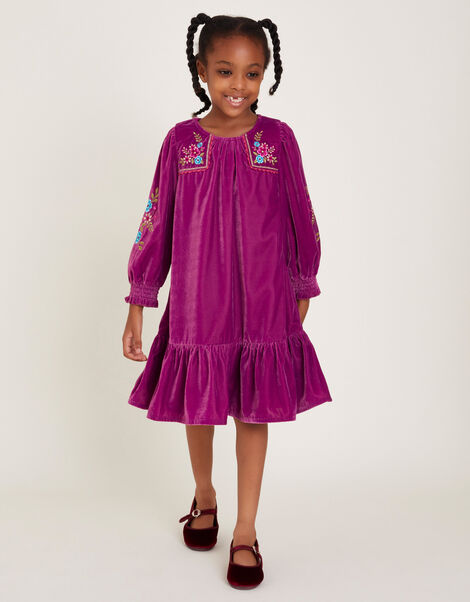 Embroidered Velvet Tunic Dress, Purple (PURPLE), large