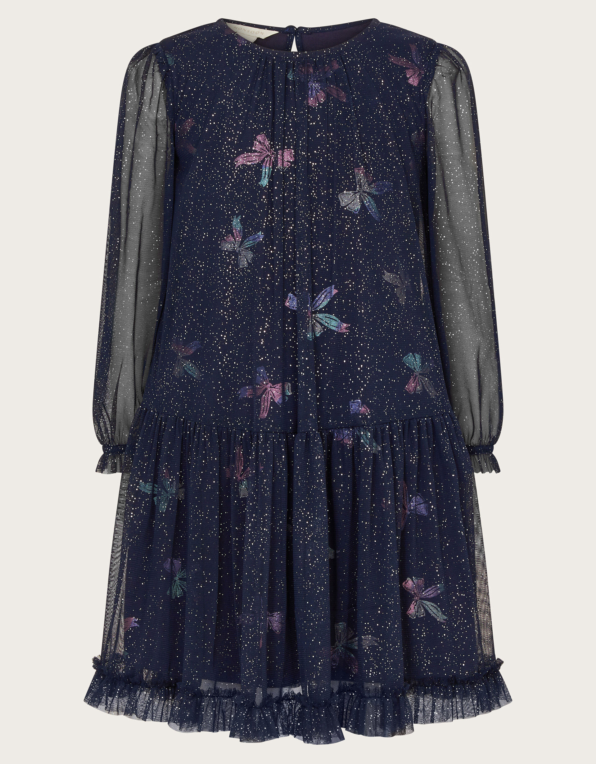 Long Sleeve Bow Print Mesh Dress Blue Girls Dresses Monsoon Global