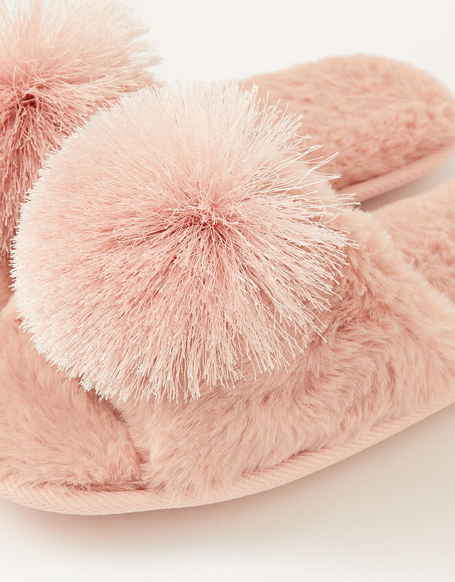 Faux Fur Pom-Pom Slippers, Pink (PINK), large