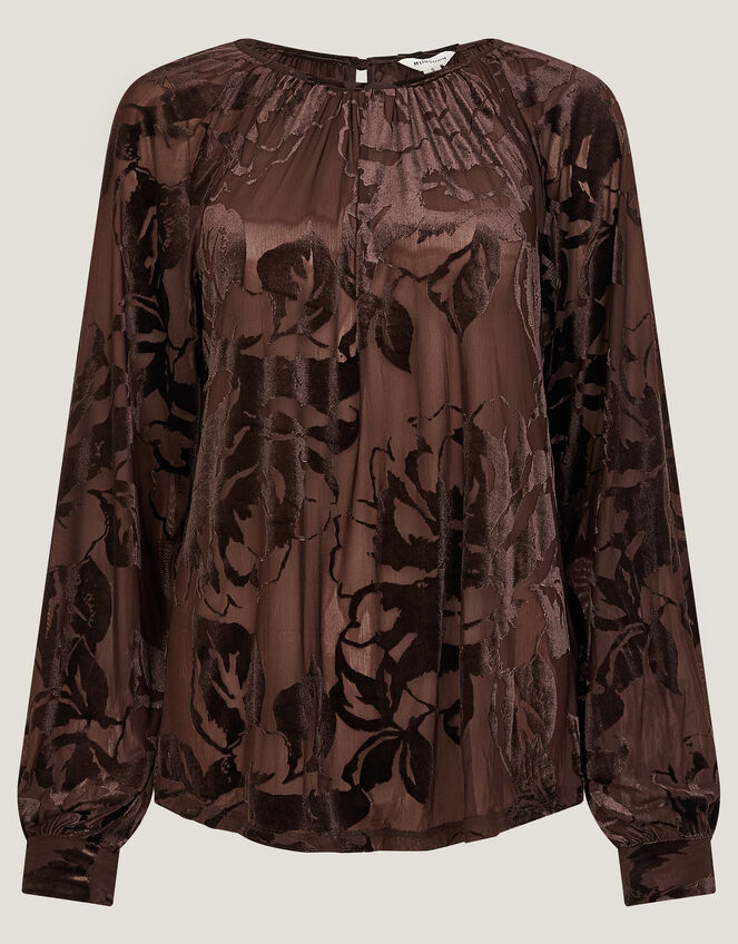 Dua Floral Devore Blouse, Brown (CHOCOLATE), large