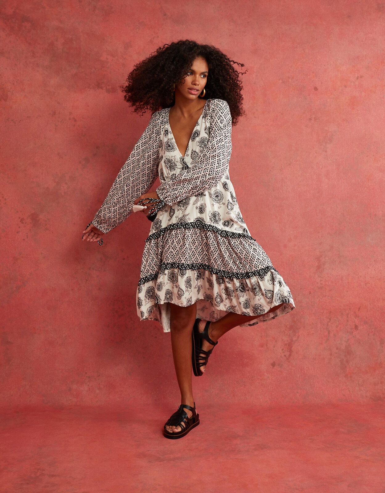 Printered Tiered Midi Dress Blue