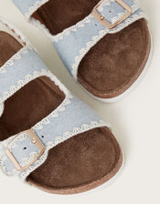 Denim Whipstitch Buckle Sandals, Blue (BLUE), large