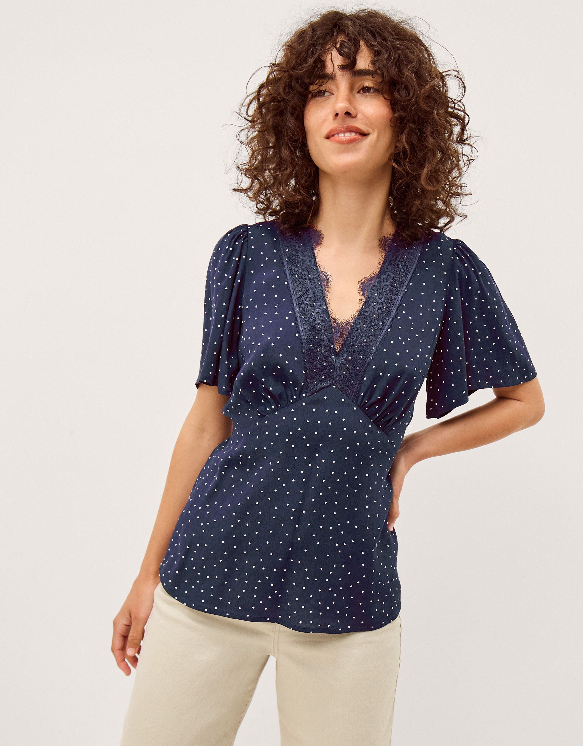 Cleo Lace Polka Dot Top Blue | Tops & T-shirts | Monsoon Global.