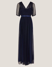 Ellie Sheer Sleeve Plunge Tulle Maxi Dress, Blue (NAVY), large