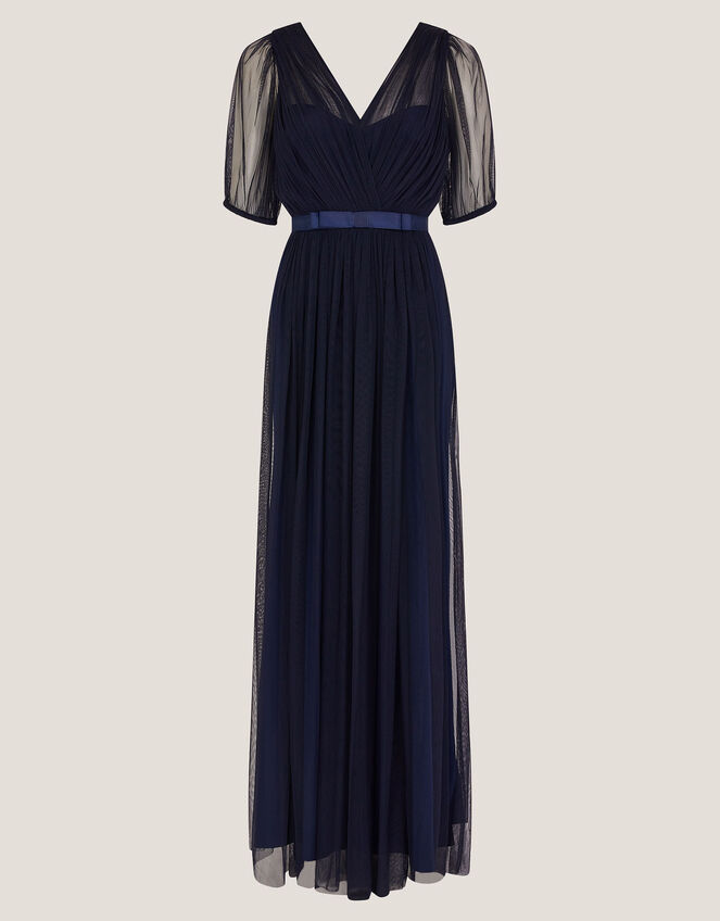 Ellie Sheer Sleeve Plunge Tulle Maxi Dress, Blue (NAVY), large