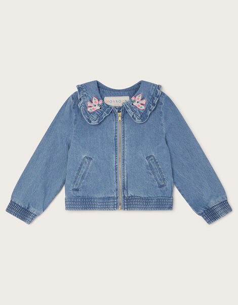 Embroidered Denim Bomber Jacket, Blue (BLUE), large