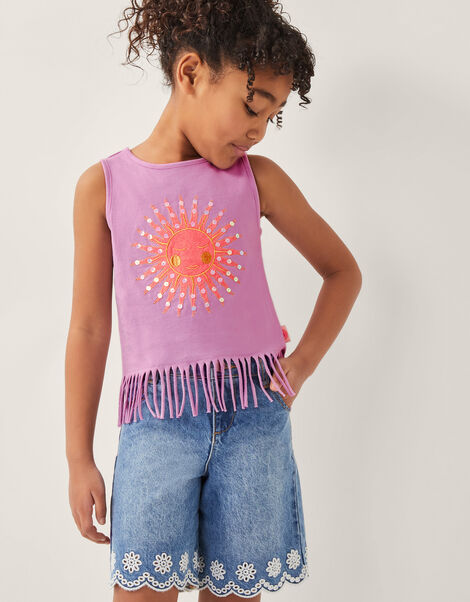 Sun Embellished Fringe Vest Top, Purple (LILAC), large