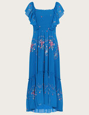 Sylvia Embroidered Midi Dress in Recycled Polyester, Blue (BLUE), large