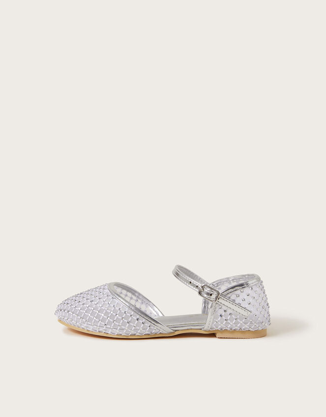 Two-Part Diamante Mesh Ballerina Flats, Silver (SILVER), large