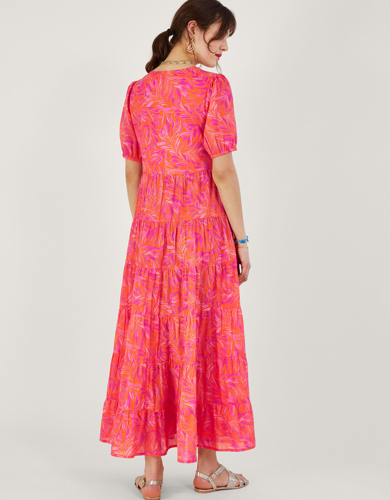 Tiered Leaf Print Maxi Dress Orange