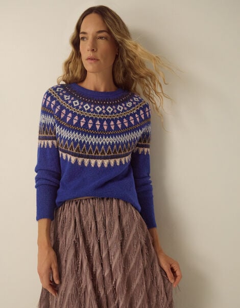 Fran Fair Isle Crew Neck Jumper, Blue (COBALT), large