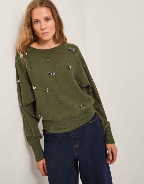 Sable Sequin Embellished Sweater, Green (KHAKI), large