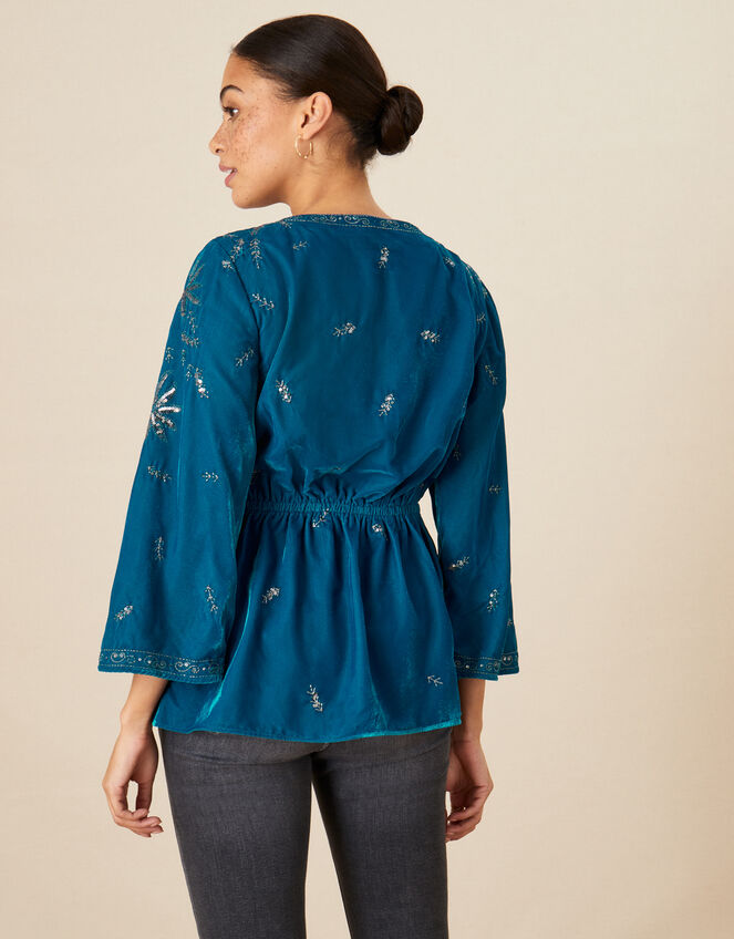 Carly Embroidered Velvet Top, Teal (TEAL), large