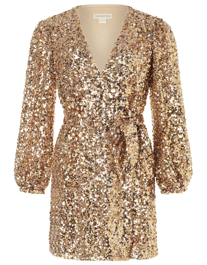 Jennifer Sequin Stretch Wrap Dress, Gold (GOLD), large