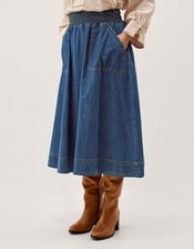 Sophie Shirred Denim Midi Skirt, Blue (MID AUTHENTIC BLUE), large