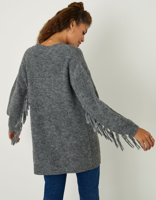 Fringe Cardigan with Recycled Polyester, Grey (CHARCOAL), large