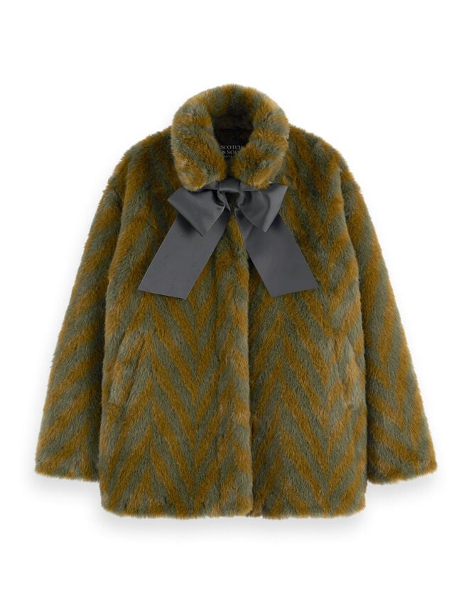 Scotch and Soda A-Line Chevron Faux Fur Coat, Green (OLIVE), large