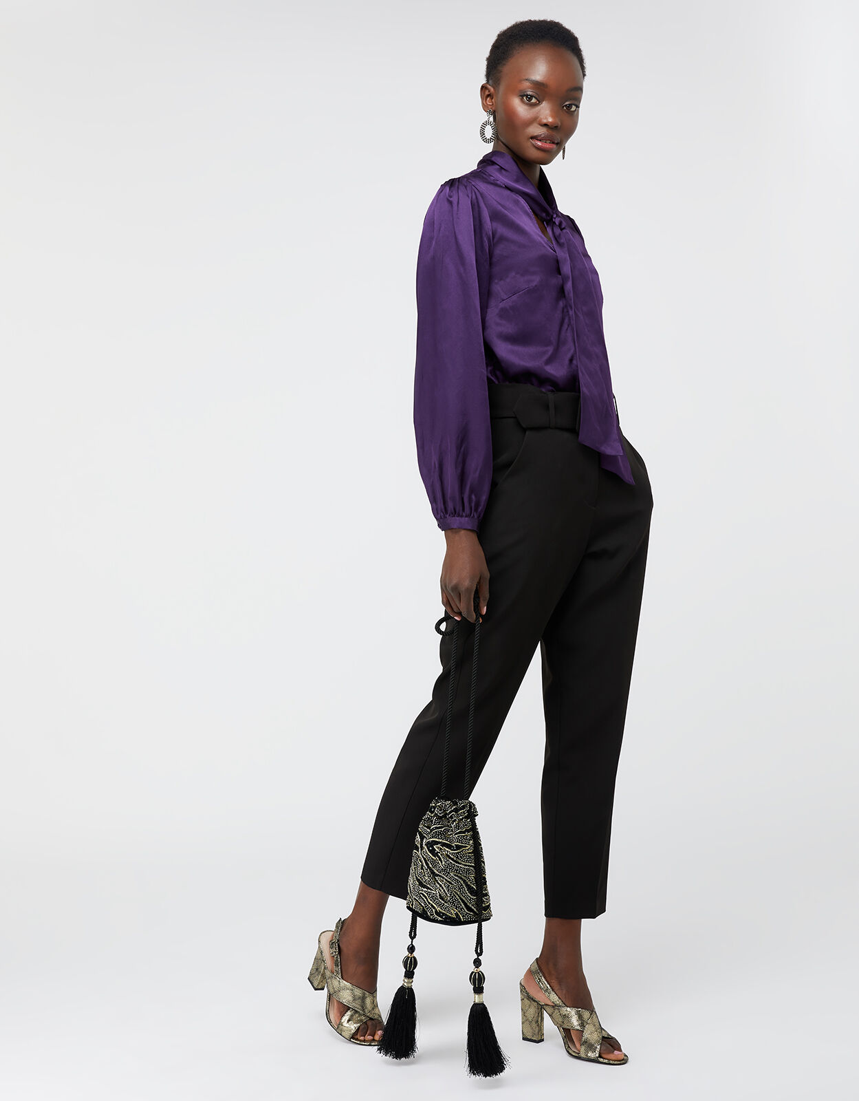 Violet Tie Neck Blouse in Silk Blend Purple Blouses Shirts