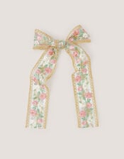 Floral Embroidered Bow Hair Clip, , large