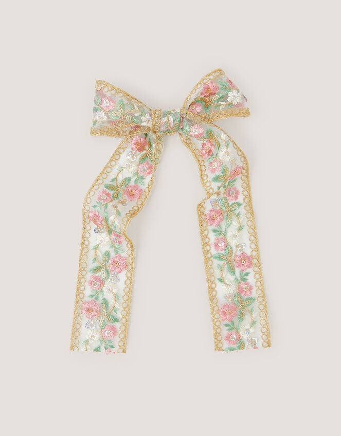 Floral Embroidered Bow Hair Clip, , large