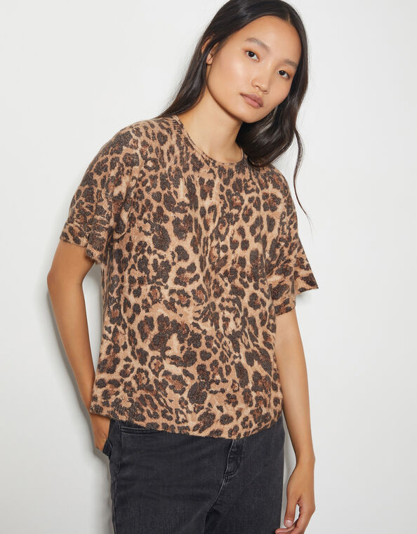 Amy Leopard Print Short Sleeve Sweater, Brown (BROWN), large