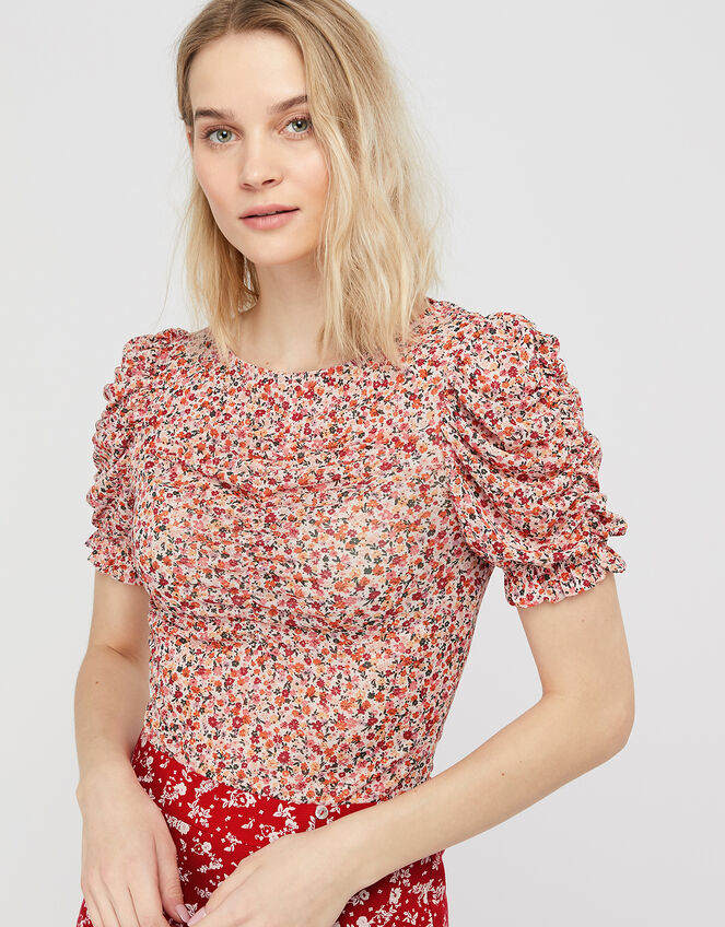 Fia Floral Mesh Top Pink | Tops & T-shirts | Monsoon Global.