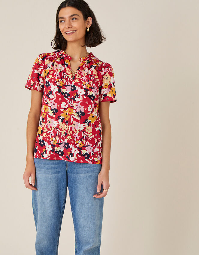 Floral Blouse in Linen Blend, Red (RED), large