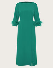 Gwen Feather Cuff Midi Dress, Green (GREEN), large