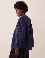 East Pavlina Embroidered Cotton Top, Blue (NAVY), large