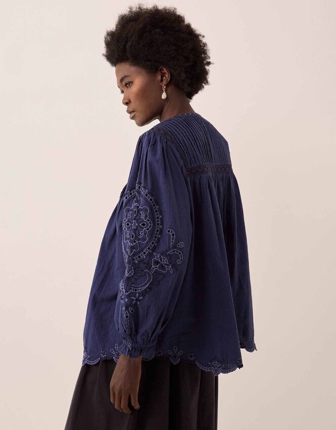East Pavlina Embroidered Cotton Top, Blue (NAVY), large