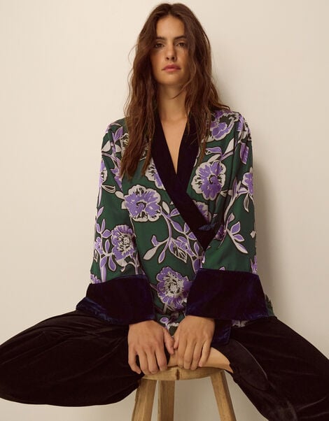 Willow Floral Print Kimono Jacket, Green (GREEN), large