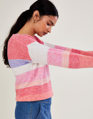 Stripe V Neck Jumper with Recycled Polyester Orange, Orange (PEACH), large
