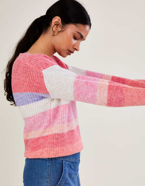 Stripe V Neck Jumper with Recycled Polyester, Orange (PEACH), large