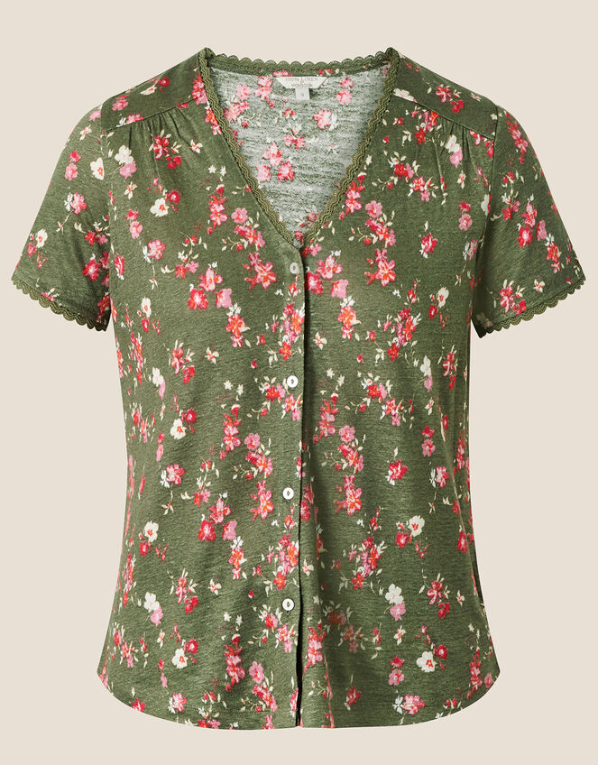 Floral Lace Trim Short Sleeve Linen Top, Green (KHAKI), large