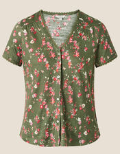 Floral Lace Trim Short Sleeve Linen Top, Green (KHAKI), large