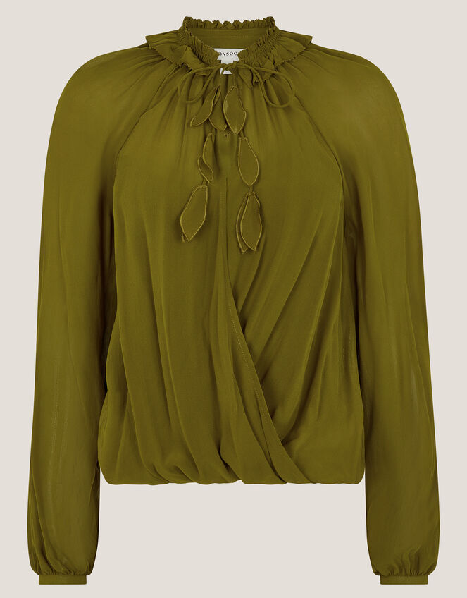 Ellie Frill Neck Wrap Blouse, Green (KHAKI), large