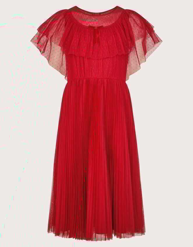 Frilly Polka Dot Mesh Pleated Dress, Red (RED), large