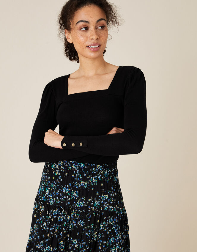 Sable Square Neck Long Sleeve Top, Black (BLACK), large