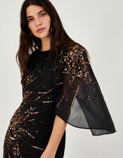 Charlene Embellished Cape Dress in Recycled Polyester, Black (BLACK), large