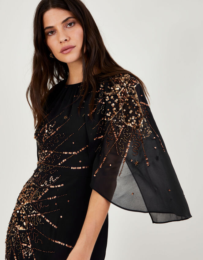 Charlene Embellished Cape Dress in Recycled Polyester, Black (BLACK), large