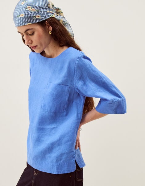 Ingrid Linen Top, Blue (BLUE), large