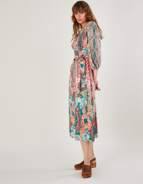 Scarf Print Jersey Dress with Organic Cotton, Orange (RUST), large